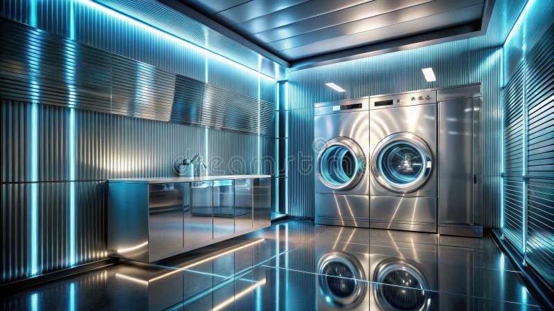 Futuristic laundry room with stainless steel appliances and modern blue lighting. Generative AI royalty free illustration