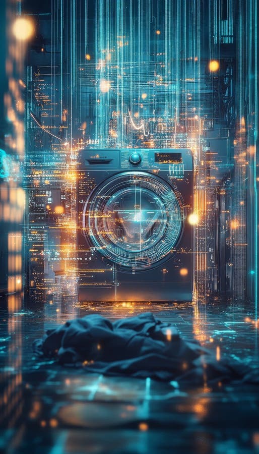 Futuristic laundry a washing machine enveloped in cyberpunk data flow and smart home integration vector illustration
