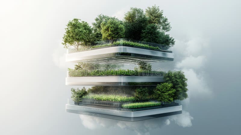Futuristic layered garden with greenery and trees, showcasing an innovative approach to urban agriculture and eco-friendly design royalty free illustration