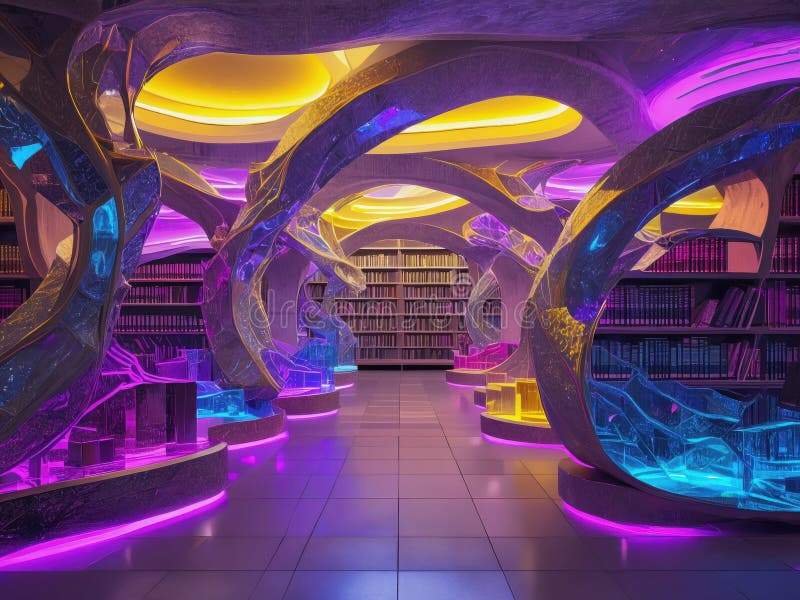 Futuristic Library Interior Design: Neon-Lit Abstract Architectural Space with Bookshelves and Illuminated Glass Sculptures vector illustration