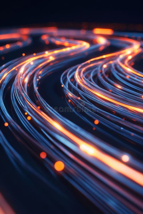 Futuristic Linii de fibră optică strălucitoare în mișcare cu lumini portocalii și albastre. stock image
