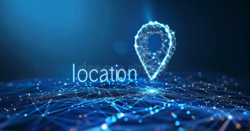 Futuristic location concept with glowing digital map marker and network background royalty free stock image