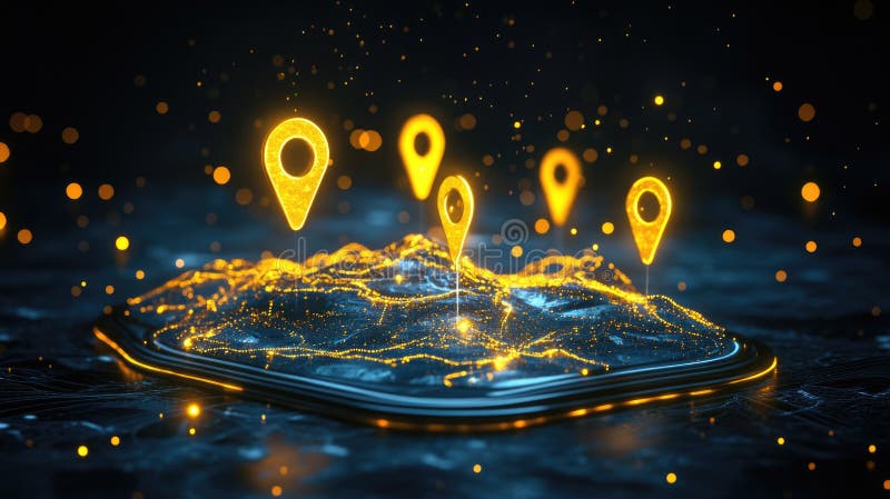 Futuristic location markers on abstract digital landscape with glowing points stock images