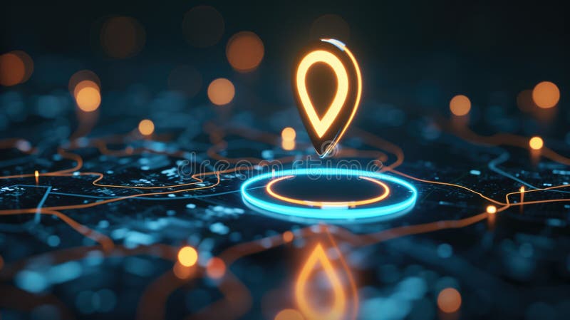 Futuristic location pin on digital map with neon lights royalty free stock photo