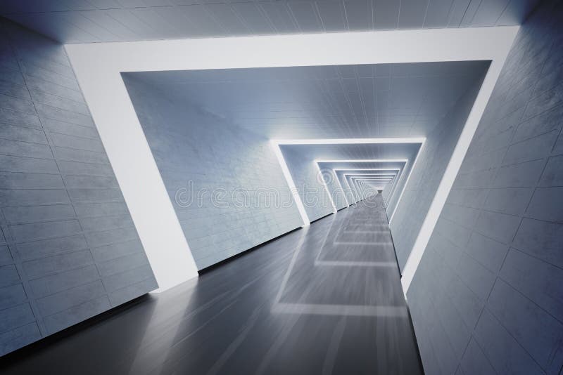 Futuristic long corridor in spaceship. 3D rendered illustration. stock illustration