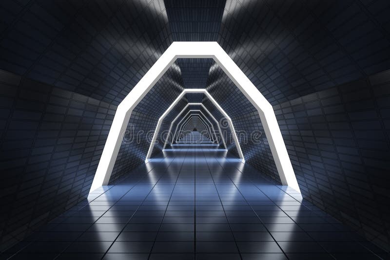 Futuristic long corridor in spaceship. 3D rendered illustration stock illustration