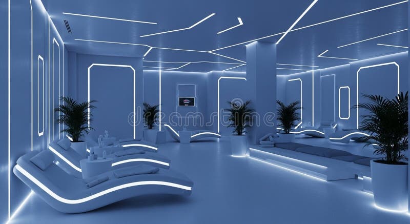 Futuristic lounge area with glowing blue light lines and ergonomic seating interior vector illustration