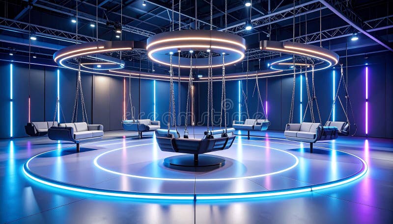 Futuristic lounge with circular swing seating, vibrant neon ligh stock illustration