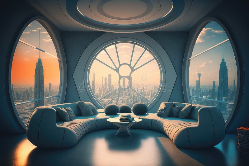 Futuristic Lounge, with Comfy Seating and Large Windows Overlooking the