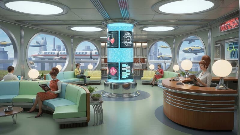 Futuristic lounge featuring retro-futuristic design elements royalty free illustration