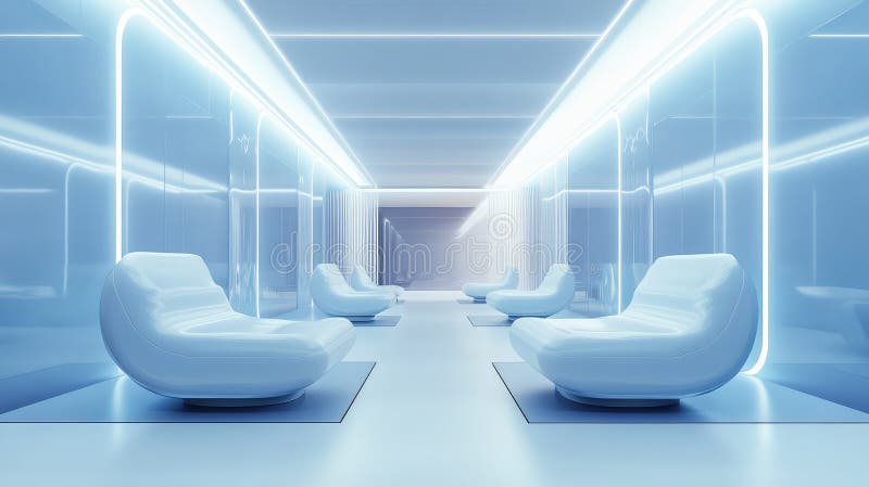Futuristic lounge interior with minimalist seating and neon lighting royalty free illustration