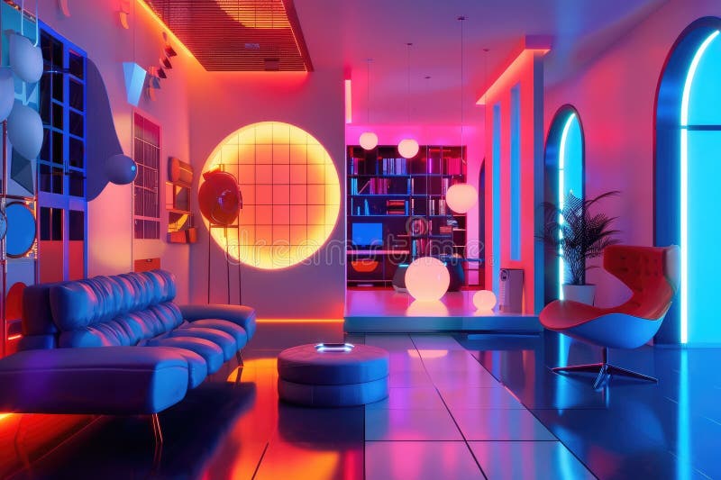 Futuristic Lounge with Neon Lights and Geometric Shapes vector illustration