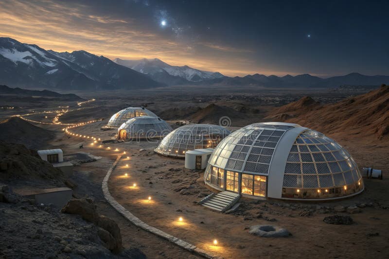 Futuristic lunar base with dome shaped habitats under starry sky, surrounded by mountains and illuminated pathways. serene and stock illustration