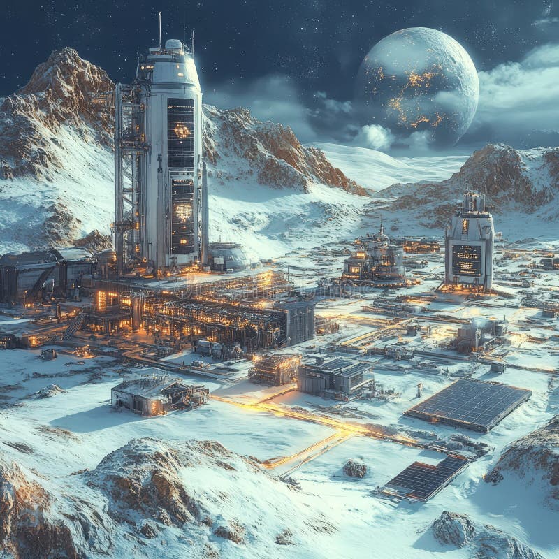 Futuristic lunar base under moonlit winter sky royalty free stock images