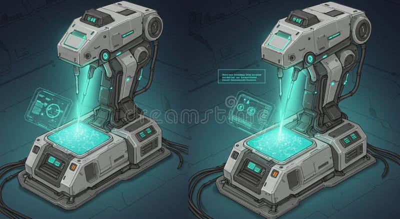 Futuristic machine concept with two identical robotic devices. They feature a stock illustration
