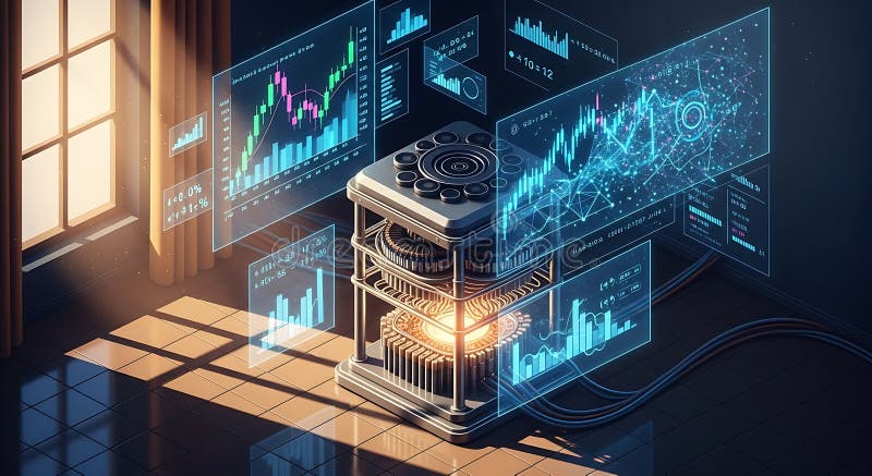 Futuristic machine displaying real-time financial data analytics on holographic screens stock illustration