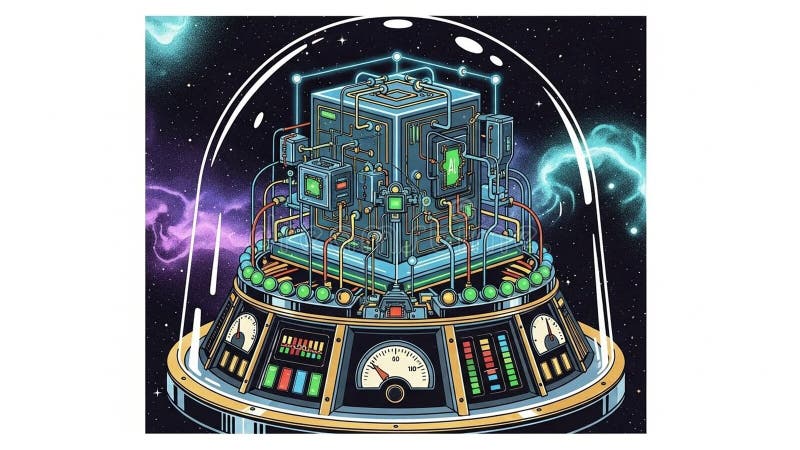 Futuristic machine inside a transparent dome set against a cosmic background stock illustration