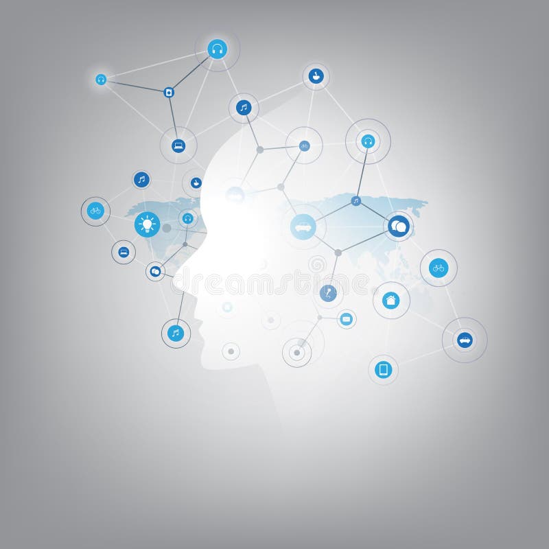 Futuristic Machine Learning, Artificial Intelligence, Cloud Computing and Networks Design Concept with Human or Robot Face royalty free illustration