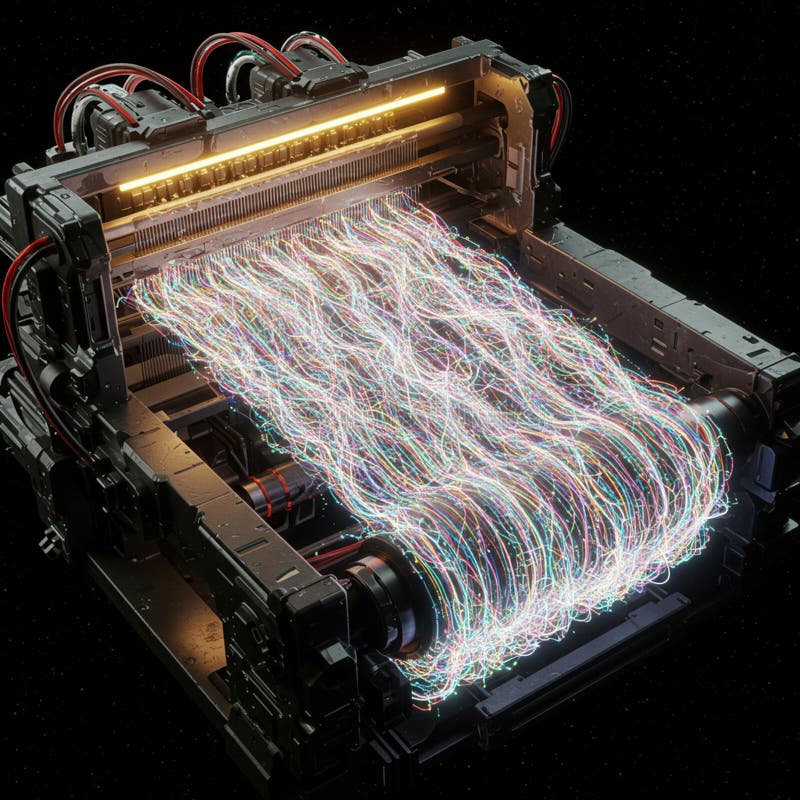 A futuristic machine, possibly AI-related, is depicted with a complex assembly of stock illustration