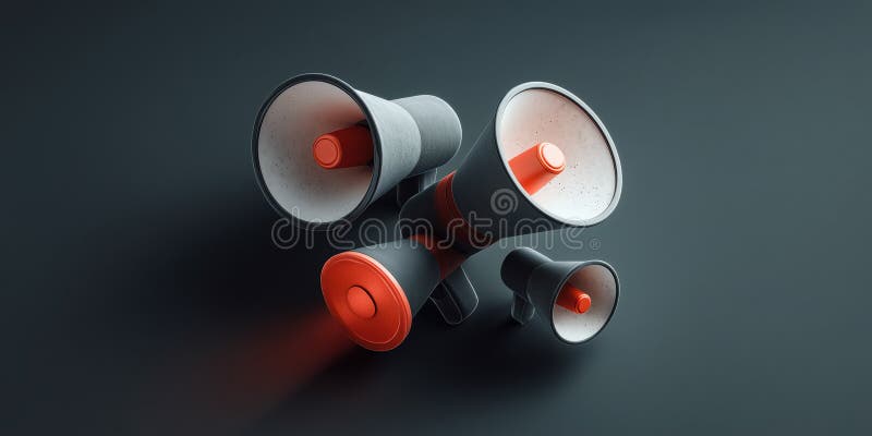 Futuristic 3D Marketing Concept Featuring Floating Megaphones with Chrome Textures and Dramatic Red and Black Lighting stock illustration
