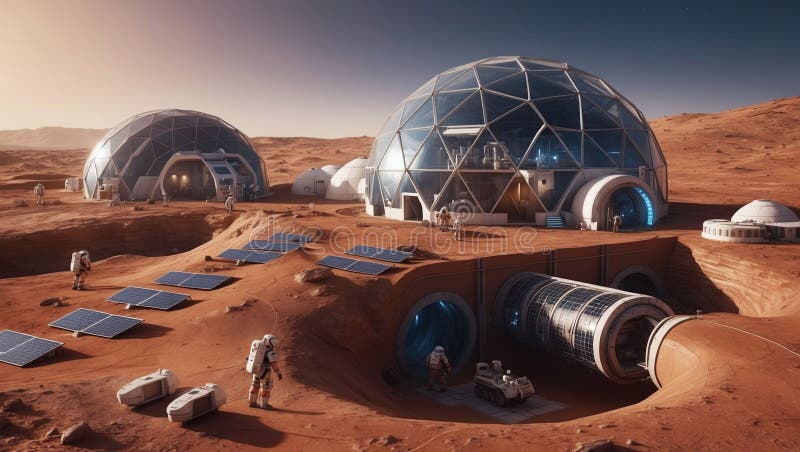 Futuristic Mars colony with dome-shaped habitats solar panels and a network of underground tunnels with astronauts royalty free illustration