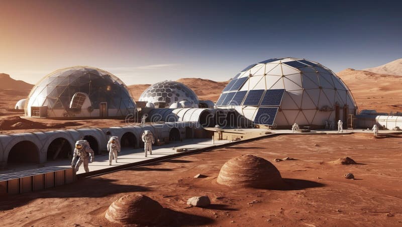 Futuristic Mars colony with dome-shaped habitats solar panels and a network of underground tunnels with astronauts vector illustration