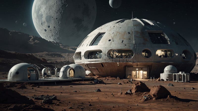 Futuristic Mars Colony with Dome Structures and Multiple Moons in the Starry Sky royalty free illustration