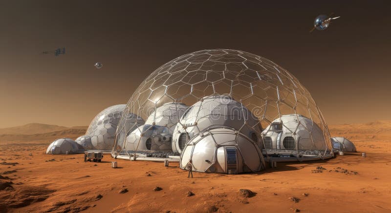 Futuristic Mars colony features interconnected vector illustration