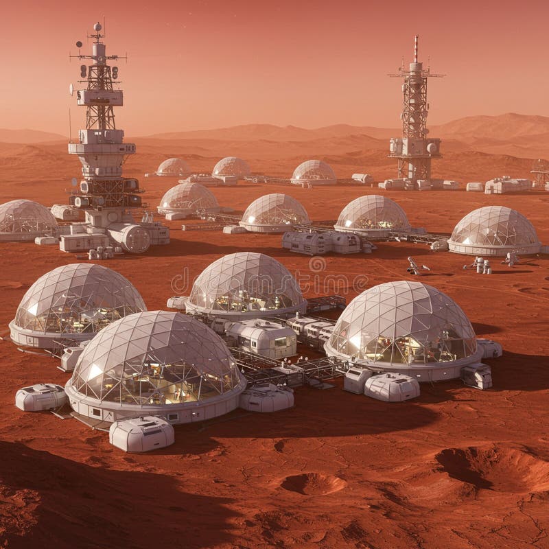 Futuristic Mars colony featuring geodesic dome habitats and tall communication stock illustration