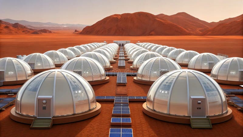 Futuristic Mars colony featuring multiple dome structures, solar panels, and stunning red landscape. This virtual reality vector illustration