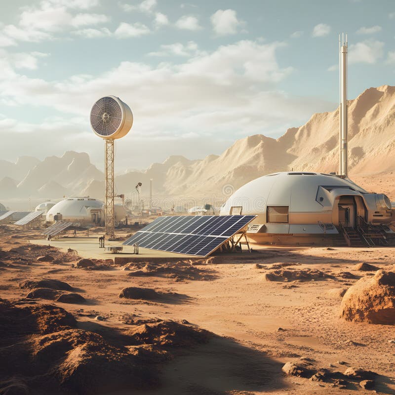 Futuristic Mars Colony Dome Structures and Sustainable Energy on Red Planet vector illustration