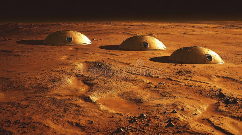 Futuristic mars habitats under alien skies with three dome structures on red planet\'s surface and rocky terrain in stock illustration