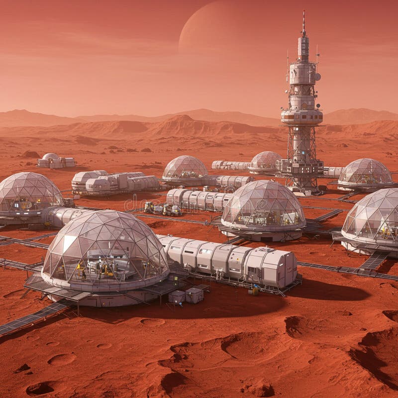 A futuristic Mars settlement comprises geodesic dome habitats interconnected by royalty free illustration