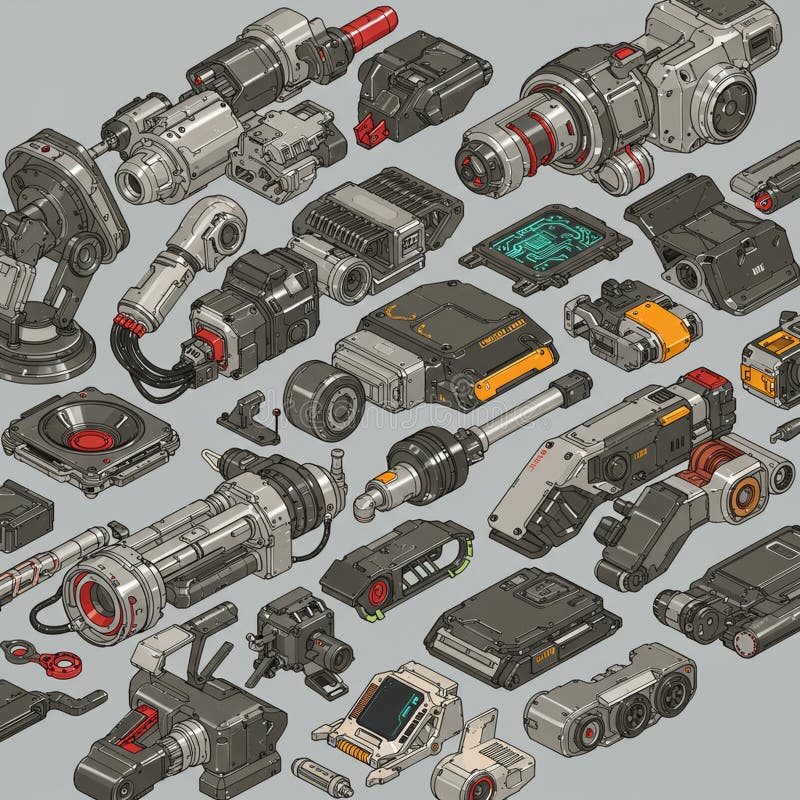 Futuristic mechanical components and gadgets are displayed in an isometric view on stock illustration