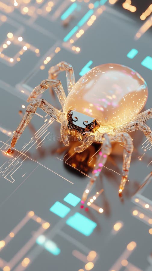 Futuristic mechanical spider on digital circuit board, glowing and intricate stock illustration