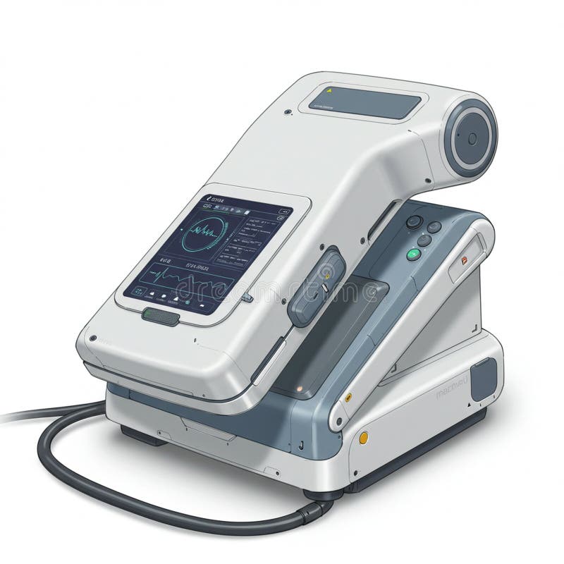 Futuristic medical device with a sleek design featuring a touchscreen interface royalty free illustration