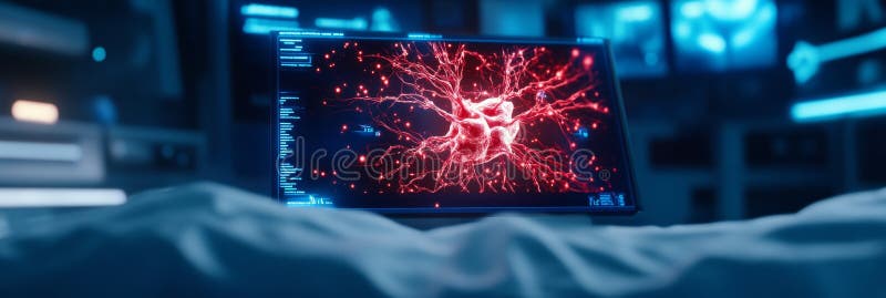 A futuristic medical setting with a holographic display showing a detailed visualization of a nerve cell This image symbolizes royalty free illustration