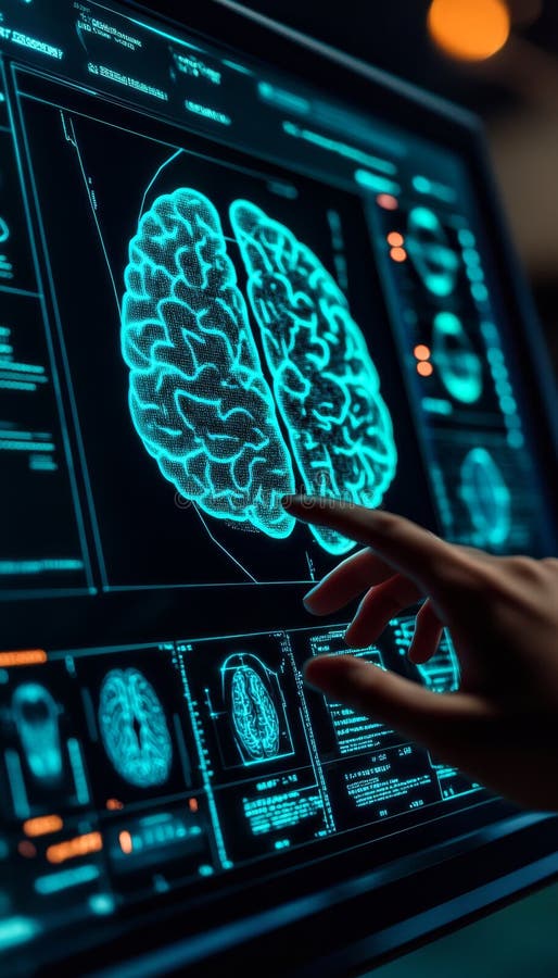 Futuristic Medical Technology Exploring a Holographic 3D Brain Scan on a Digital Interface. stock illustration