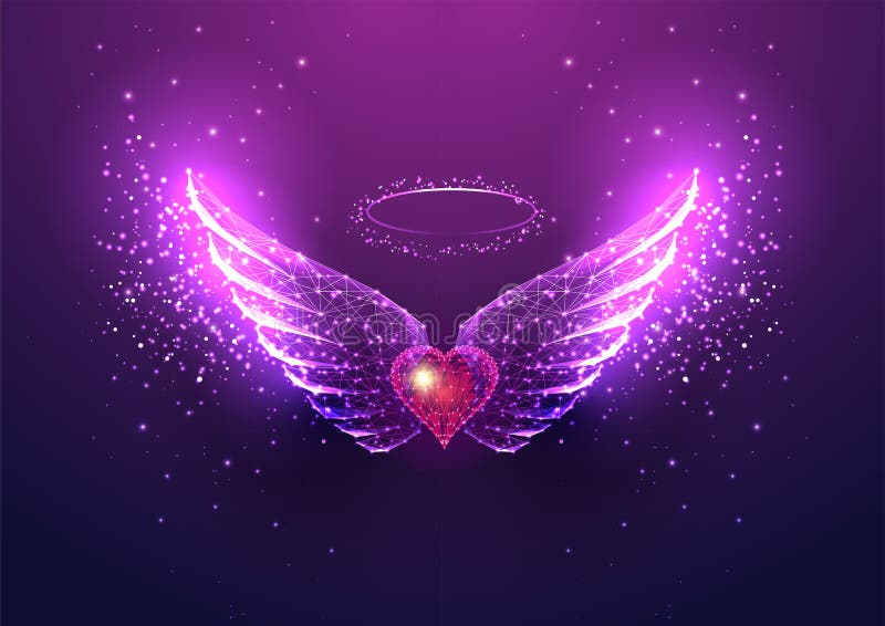 Futuristic Memorial Angel Wings and Red Heart Concept in Glowing Style ...