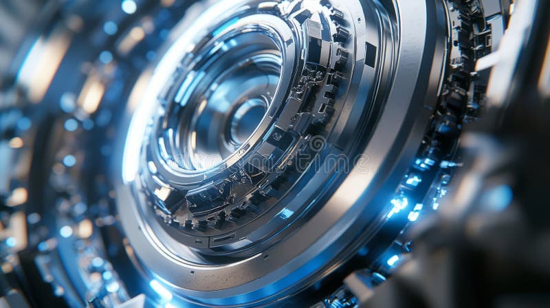 Futuristic Metallic Gear Mechanism with Blue Lights royalty free stock images