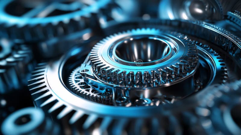 Futuristic Metallic Gear Mechanism with Blue Lights stock photography