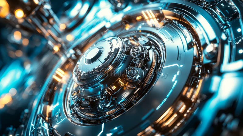 Futuristic Metallic Gear Mechanism with Blue Lights royalty free stock photo