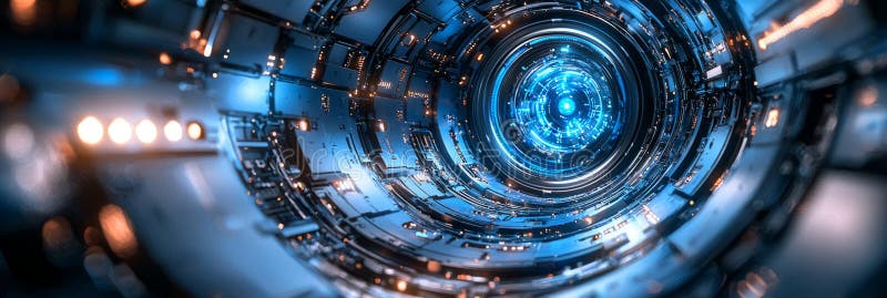 Futuristic Metallic Gear Mechanism with Blue Lights stock images