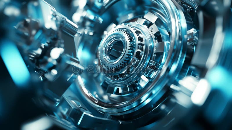 Futuristic Metallic Gear Mechanism with Blue Lights stock image
