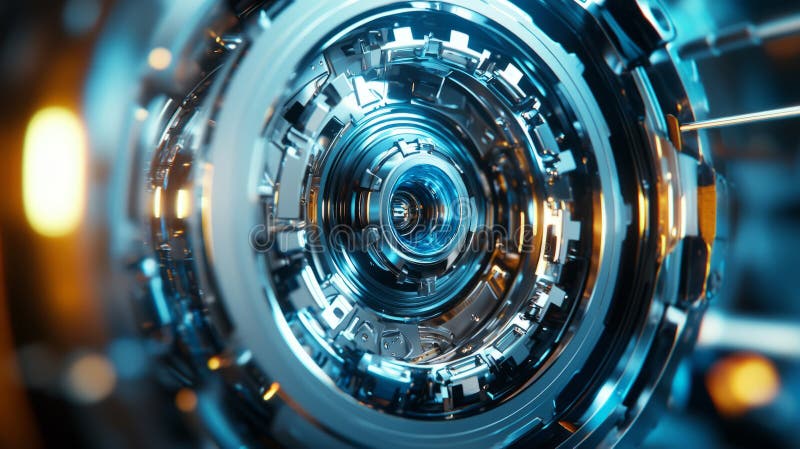 Futuristic Metallic Gear Mechanism with Blue Lights stock photos