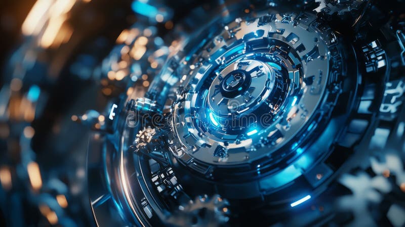 Futuristic Metallic Gear Mechanism with Blue Lights royalty free stock photos