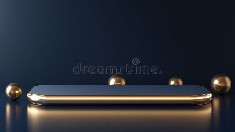 Futuristic metallic platform display with golden spheres on reflective surface royalty free stock photography
