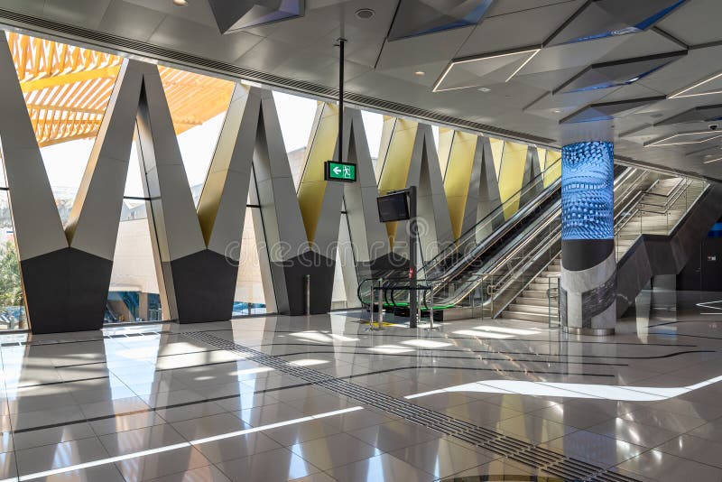 Dubai contemporary architecture, Expo 2020 metro station interior, transportation system in United Arab Emirates. Industrial background, urban architecture. Metallic columns stock images, royalty-free photos and pictures