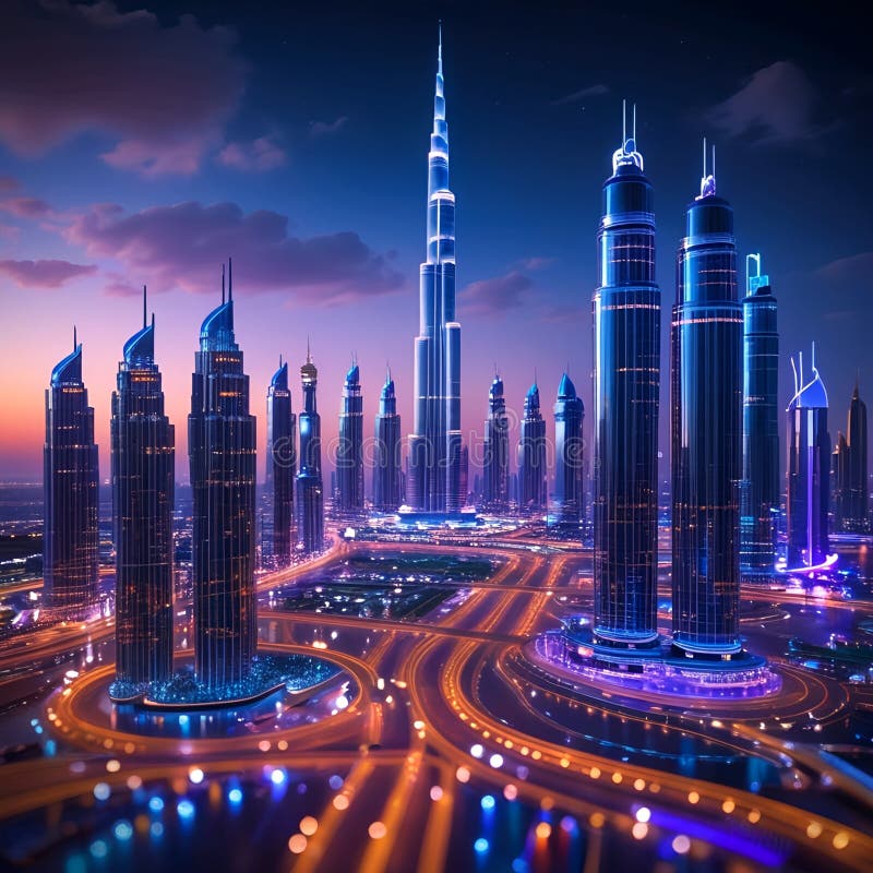 Futuristic Metropolis : Dubais Skyline i Night vektor illustrationer