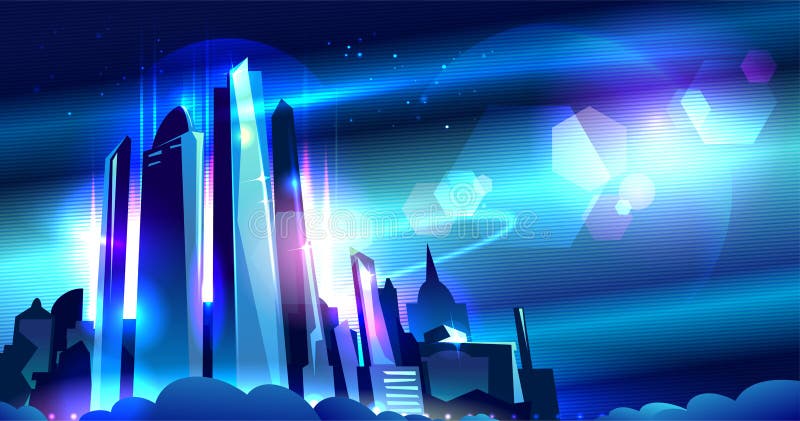 Futuristic metropolis vector - illustration design. nattlig, innerstad, horisontell bakgrund royaltyfri illustrationer